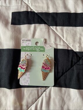 The Spring Shop Gold Ice Cream Cone Earrings with Pink, Teal & Purple Scoops